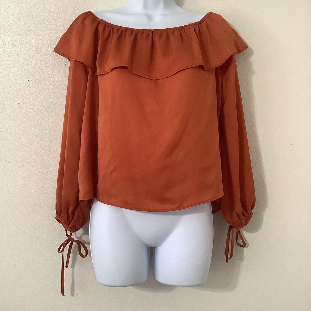 Bleuh Ceil Pumpkin Orange Ruffle Disco‎ Holiday Autumn Fall Feminine Blouse S